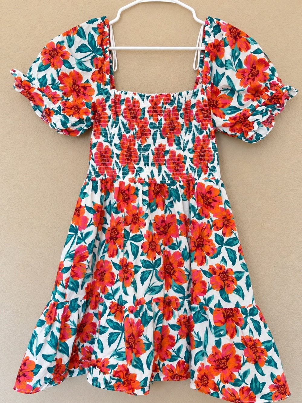 Floral Smocked Puff Sleeve Mini Dress Orange Pink Teal